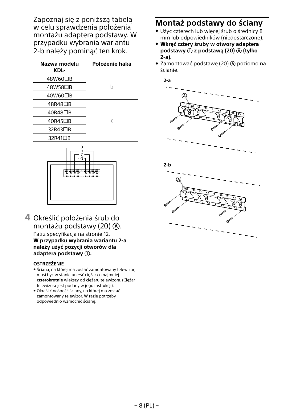 Montaż podstawy do ściany, Określić położenia śrub do montażu podstawy (20) | Sony KDL-40R453B User Manual | Page 85 / 321