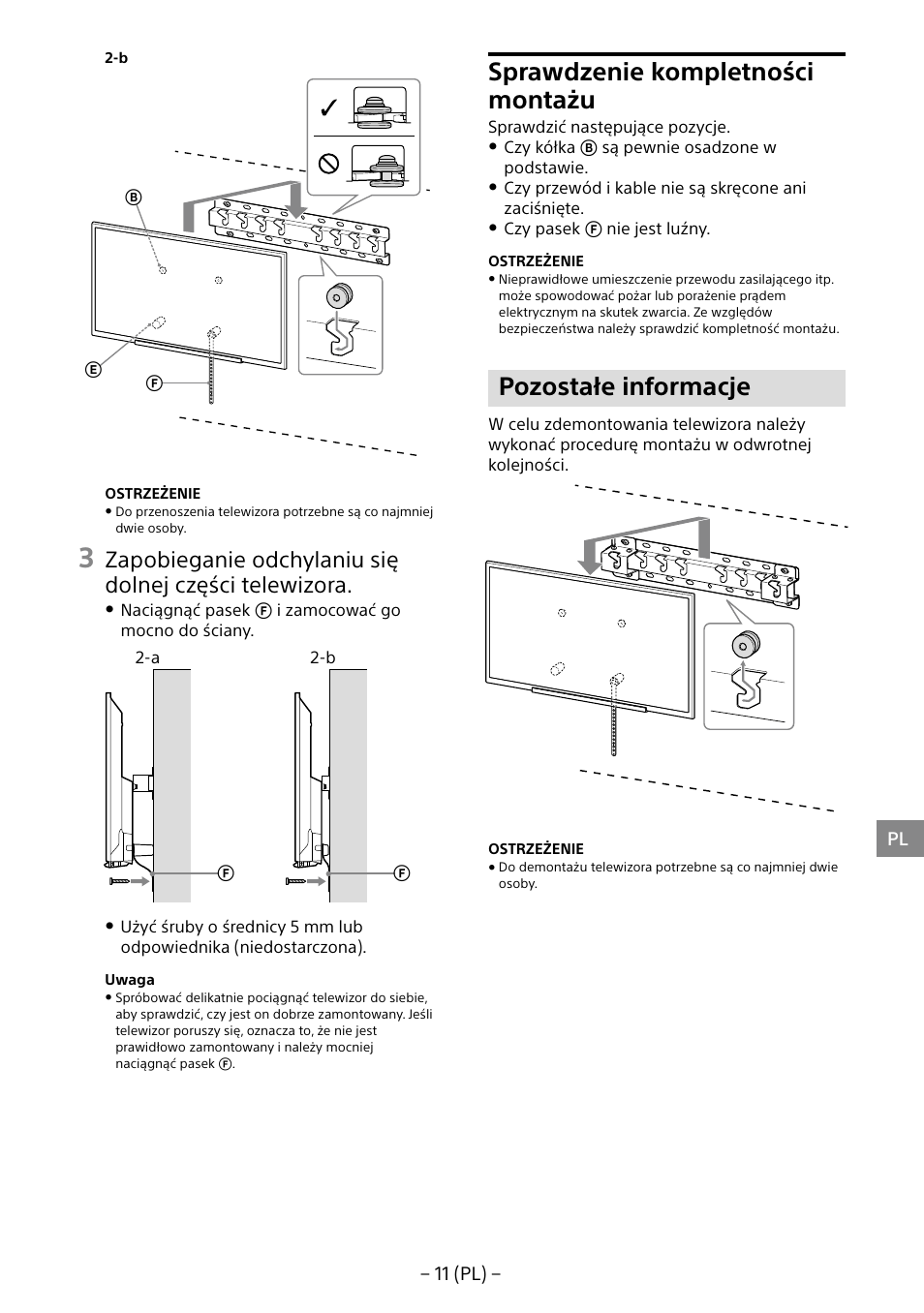 Sprawdzenie kompletności montażu, Pozostałe informacje | Sony KDL-40R453B User Manual | Page 88 / 321