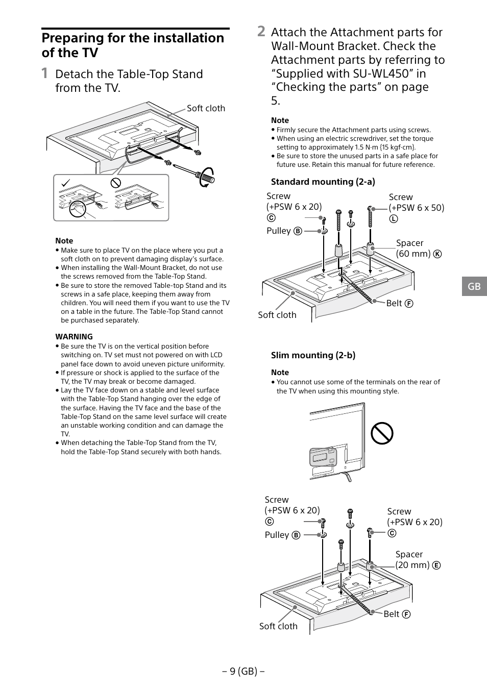 Preparing for the installation of the tv, Detach the table-top stand from the tv | Sony KDL-40R453B User Manual | Page 9 / 321