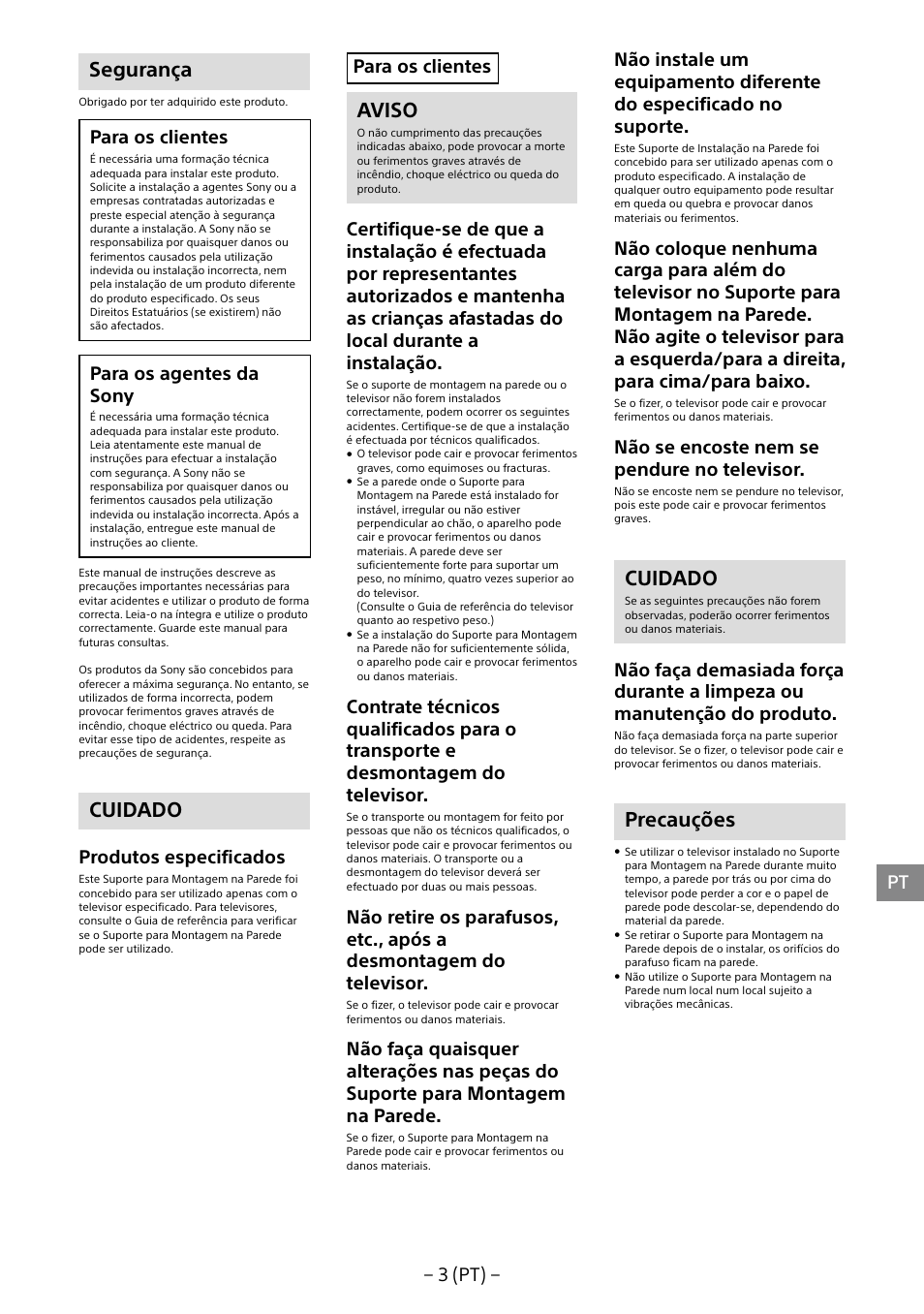 Segurança, Cuidado, Aviso | Precauções, 3 (pt), Para os clientes, Para os agentes da sony, Produtos especificados, Não se encoste nem se pendure no televisor | Sony KDL-40R453B User Manual | Page 91 / 321