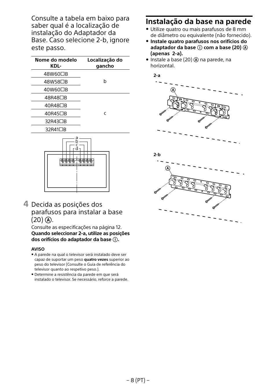 Instalação da base na parede | Sony KDL-40R453B User Manual | Page 96 / 321
