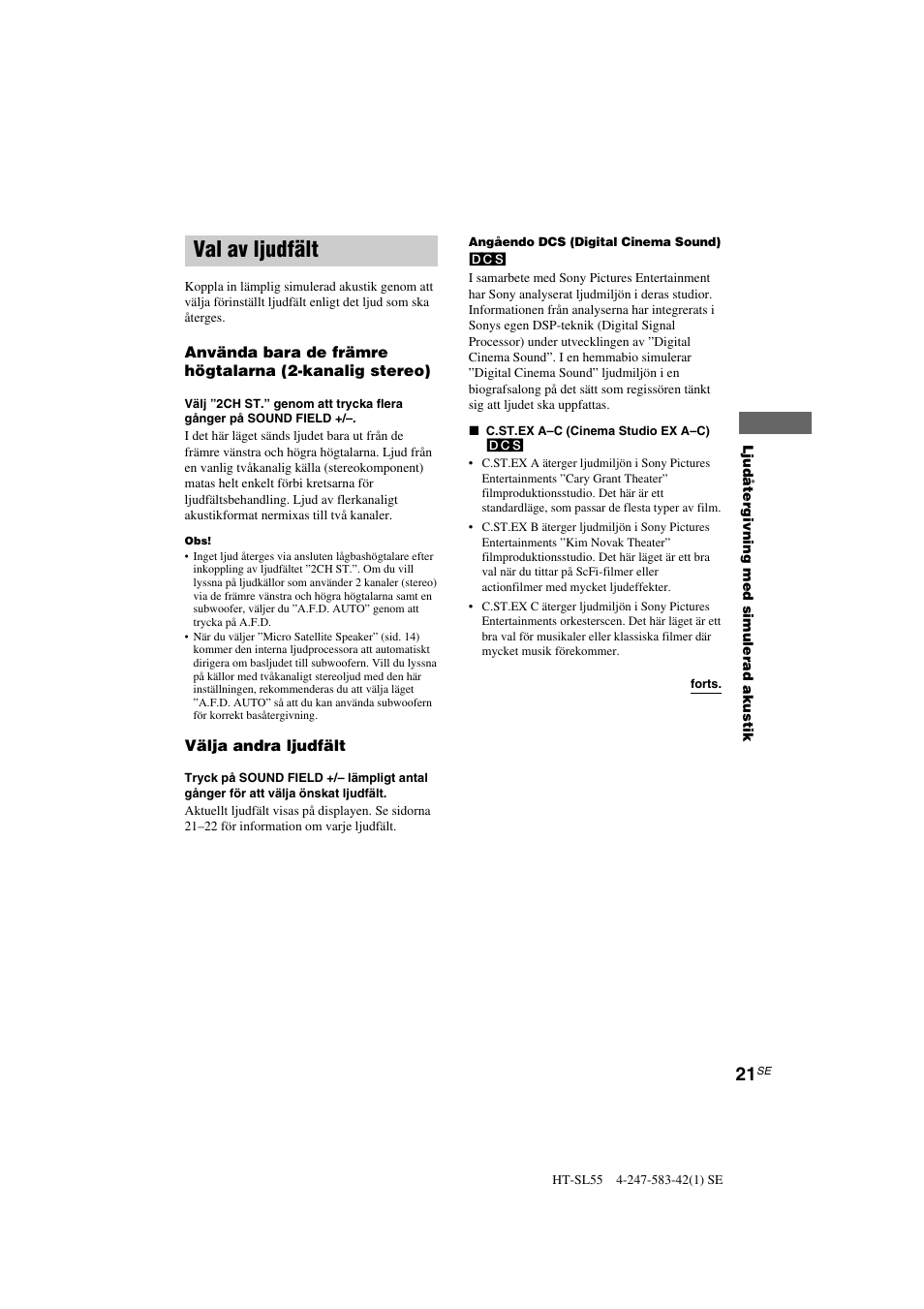 Val av ljudfält | Sony HT-SL40 User Manual | Page 107 / 216