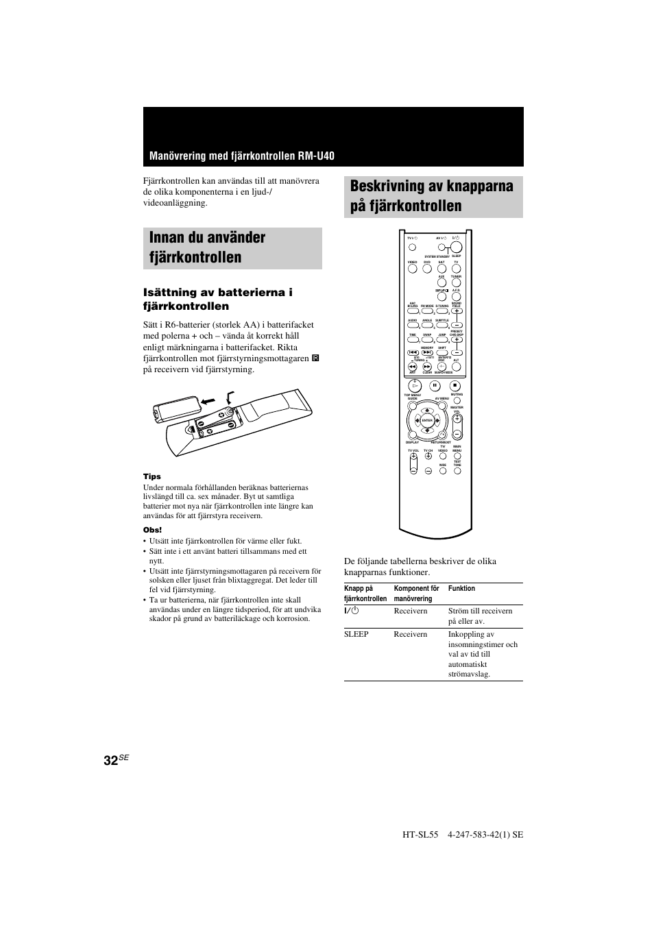 Beskrivning av knapparna på fjärrkontrollen, Innan du använder fjärrkontrollen, Manövrering med fjärrkontrollen rm-u40 | Isättning av batterierna i fjärrkontrollen, Tips | Sony HT-SL40 User Manual | Page 118 / 216