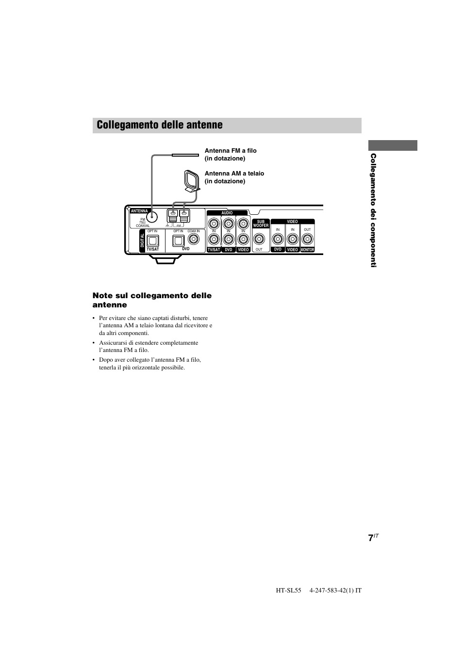 Collegamento delle antenne, Collegamento dei componenti | Sony HT-SL40 User Manual | Page 136 / 216
