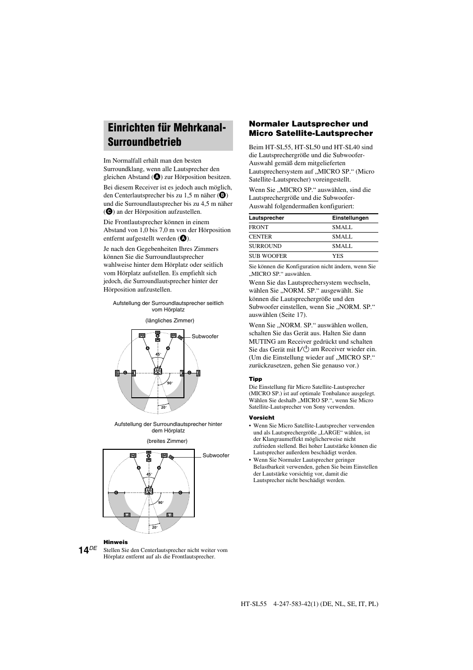Einrichten für mehrkanal- surroundbetrieb | Sony HT-SL40 User Manual | Page 14 / 216