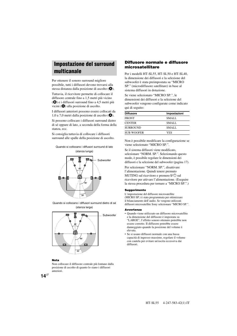 Impostazione del surround multicanale, Diffusore normale e diffusore microsatellitare | Sony HT-SL40 User Manual | Page 143 / 216