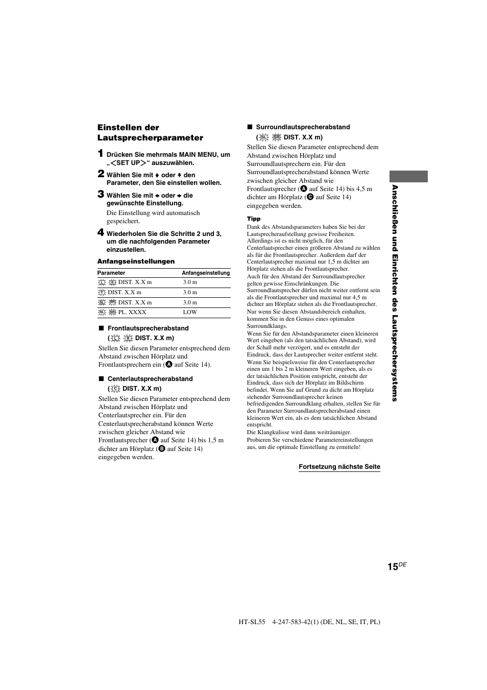 Einstellen der lautsprecherparameter | Sony HT-SL40 User Manual | Page 15 / 216