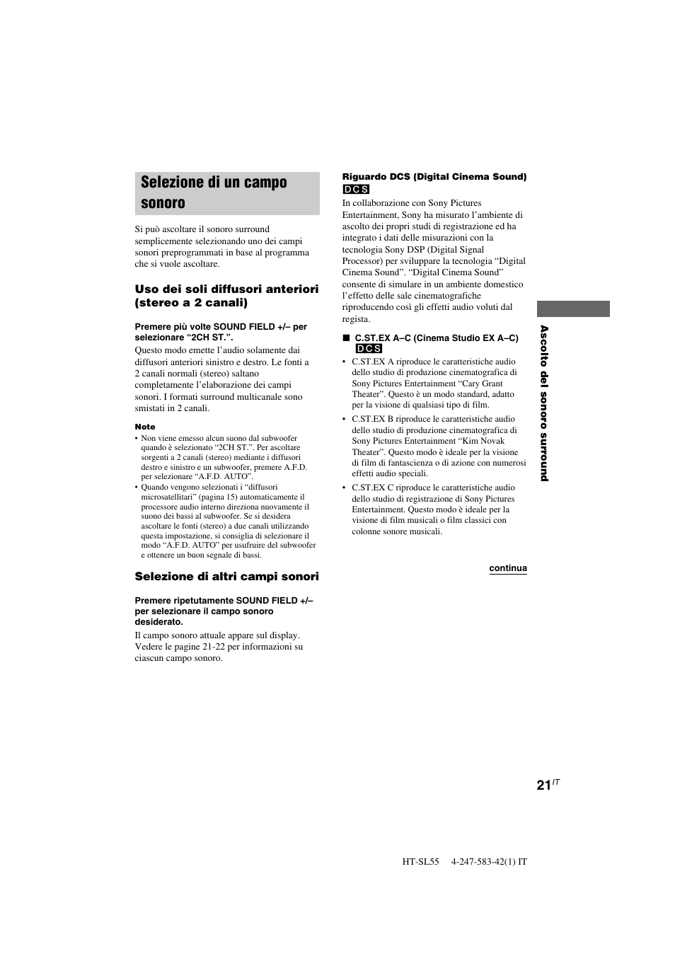 Selezione di un campo sonoro | Sony HT-SL40 User Manual | Page 150 / 216