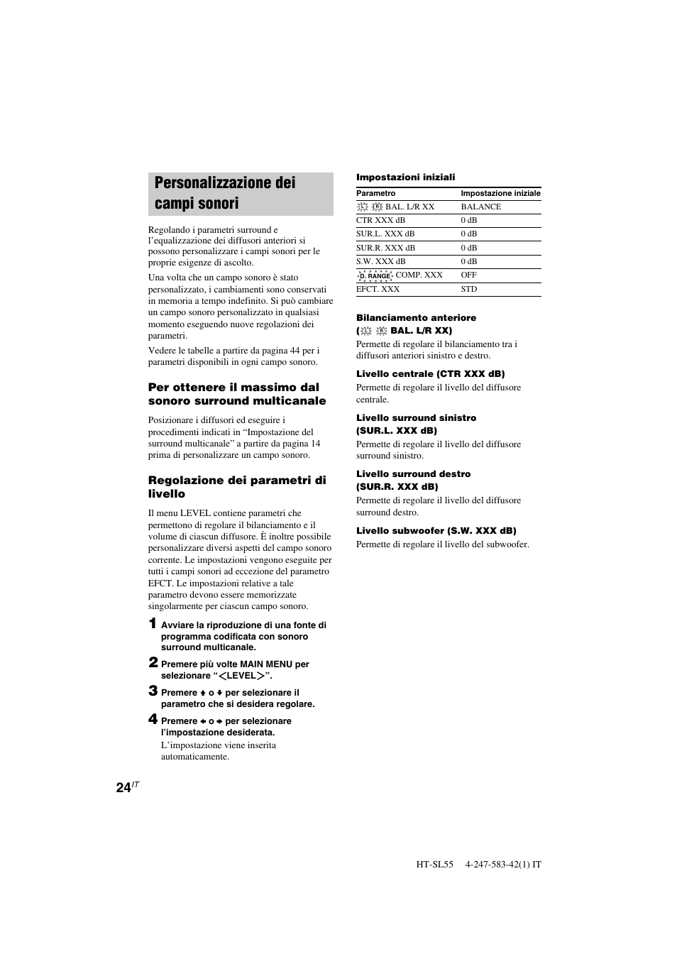 Personalizzazione dei campi sonori | Sony HT-SL40 User Manual | Page 153 / 216