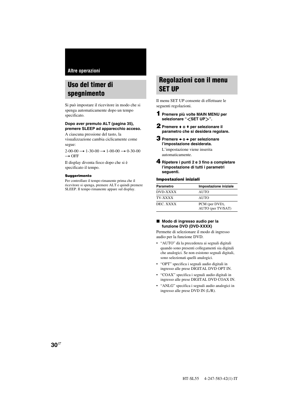 Uso del timer di spegnimento, Regolazioni con il menu set up | Sony HT-SL40 User Manual | Page 159 / 216