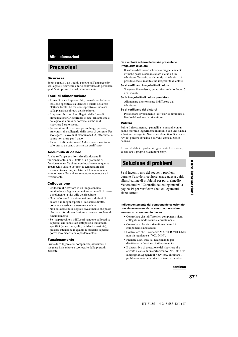 Soluzione di problemi, Precauzioni, Altre informazioni | Sony HT-SL40 User Manual | Page 166 / 216