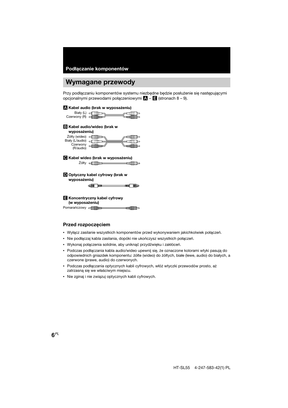 Wymagane przewody | Sony HT-SL40 User Manual | Page 178 / 216