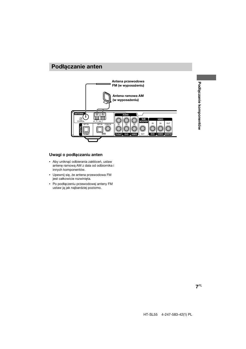 Podłączanie anten, Uwagi o podłączaniu anten, Podłączanie komponentów | Sony HT-SL40 User Manual | Page 179 / 216