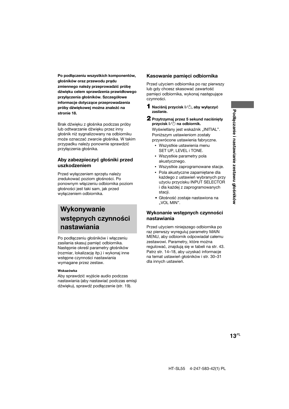 Wykonywanie wstępnych czynności nastawiania | Sony HT-SL40 User Manual | Page 185 / 216