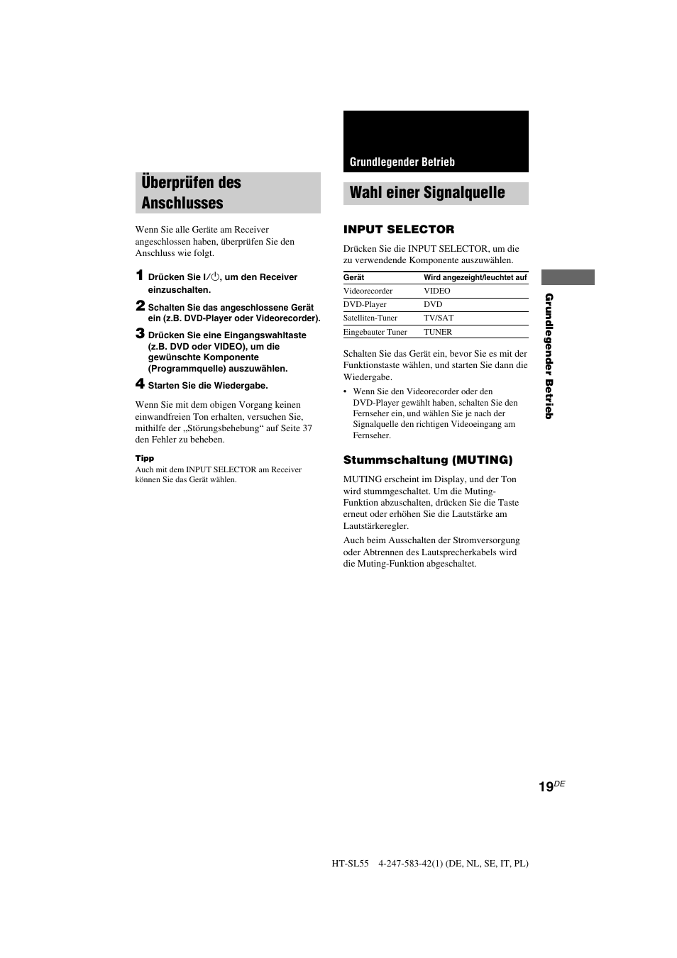 Wahl einer signalquelle, Überprüfen des anschlusses | Sony HT-SL40 User Manual | Page 19 / 216