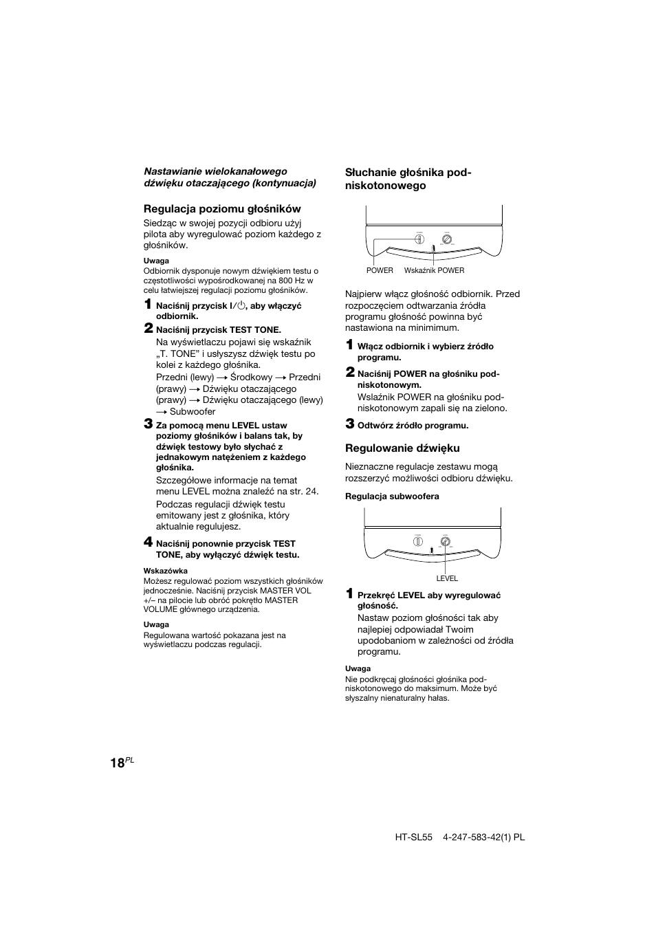 Regulacja poziomu głośników, Słuchanie głośnika pod- niskotonowego, Regulowanie dźwięku | Sony HT-SL40 User Manual | Page 190 / 216