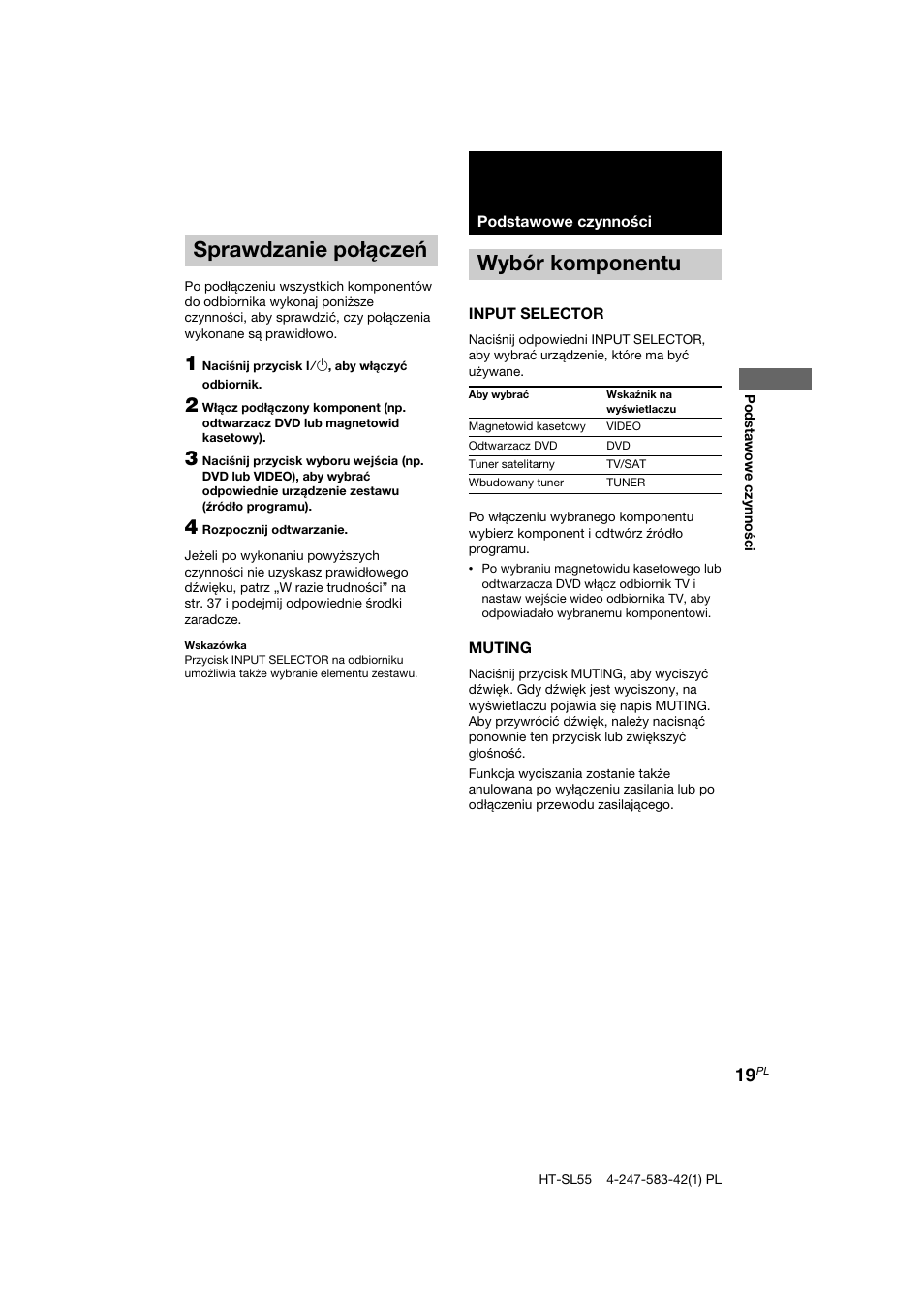 Sprawdzanie połączeń, Wybór komponentu | Sony HT-SL40 User Manual | Page 191 / 216