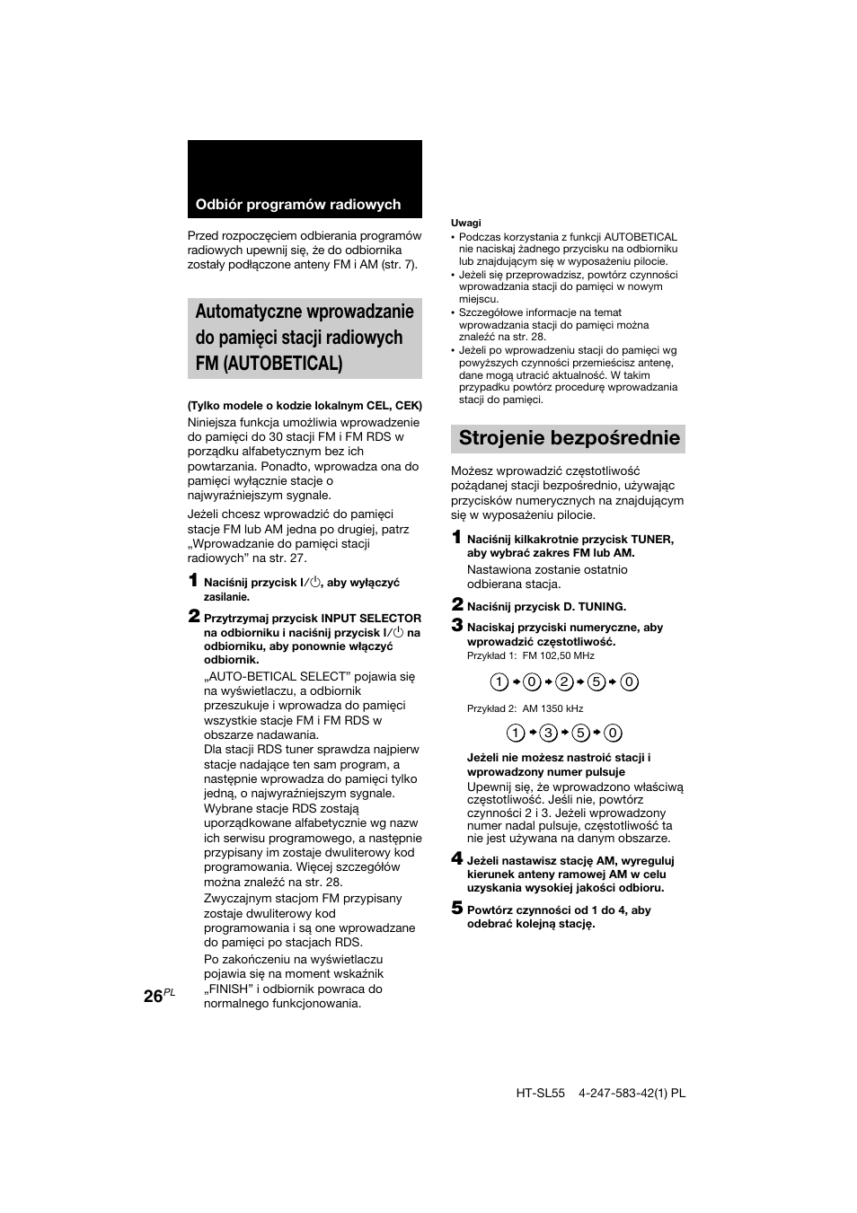 Strojenie bezpośrednie | Sony HT-SL40 User Manual | Page 198 / 216