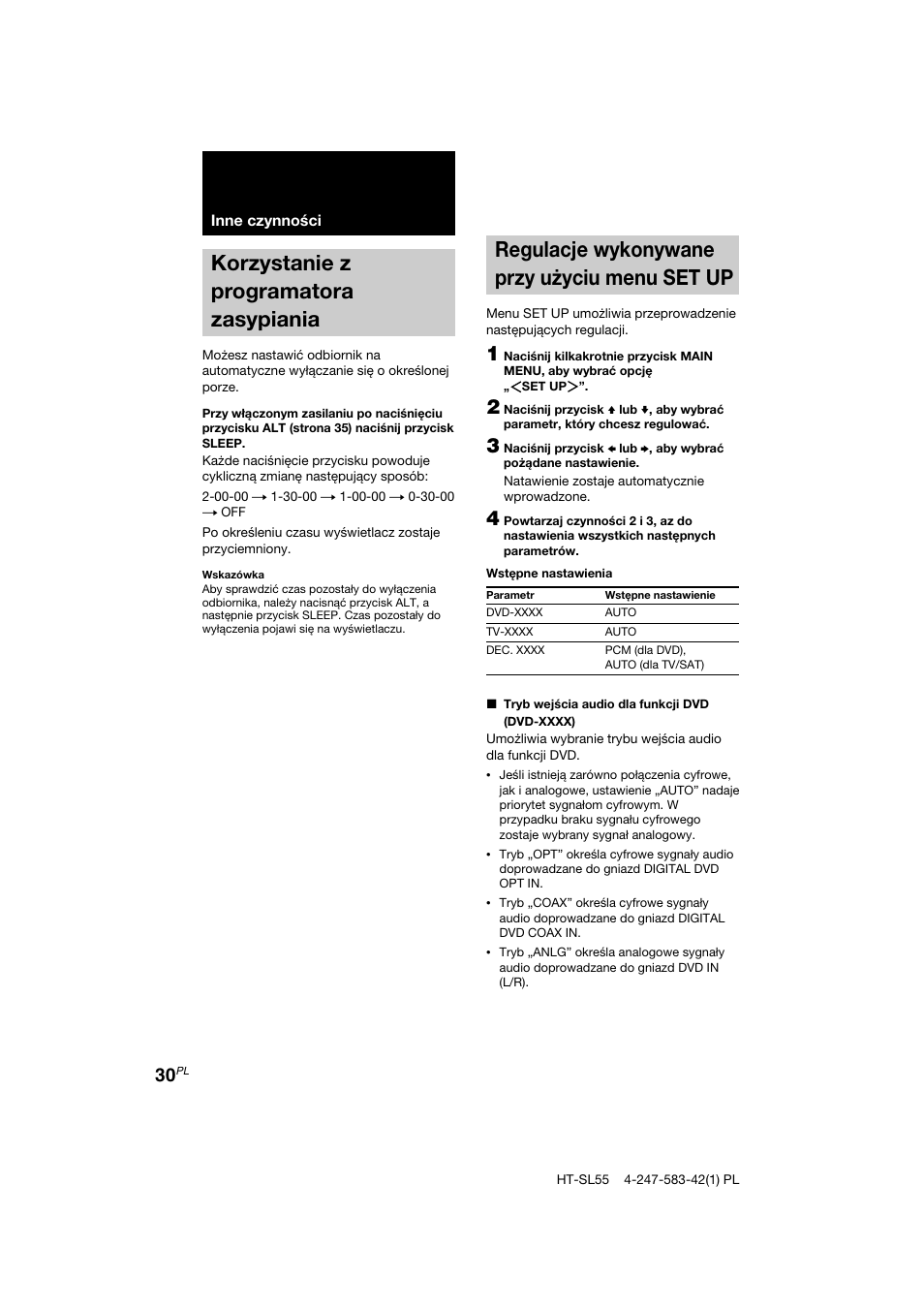 Korzystanie z programatora zasypiania, Regulacje wykonywane przy użyciu menu set up | Sony HT-SL40 User Manual | Page 202 / 216