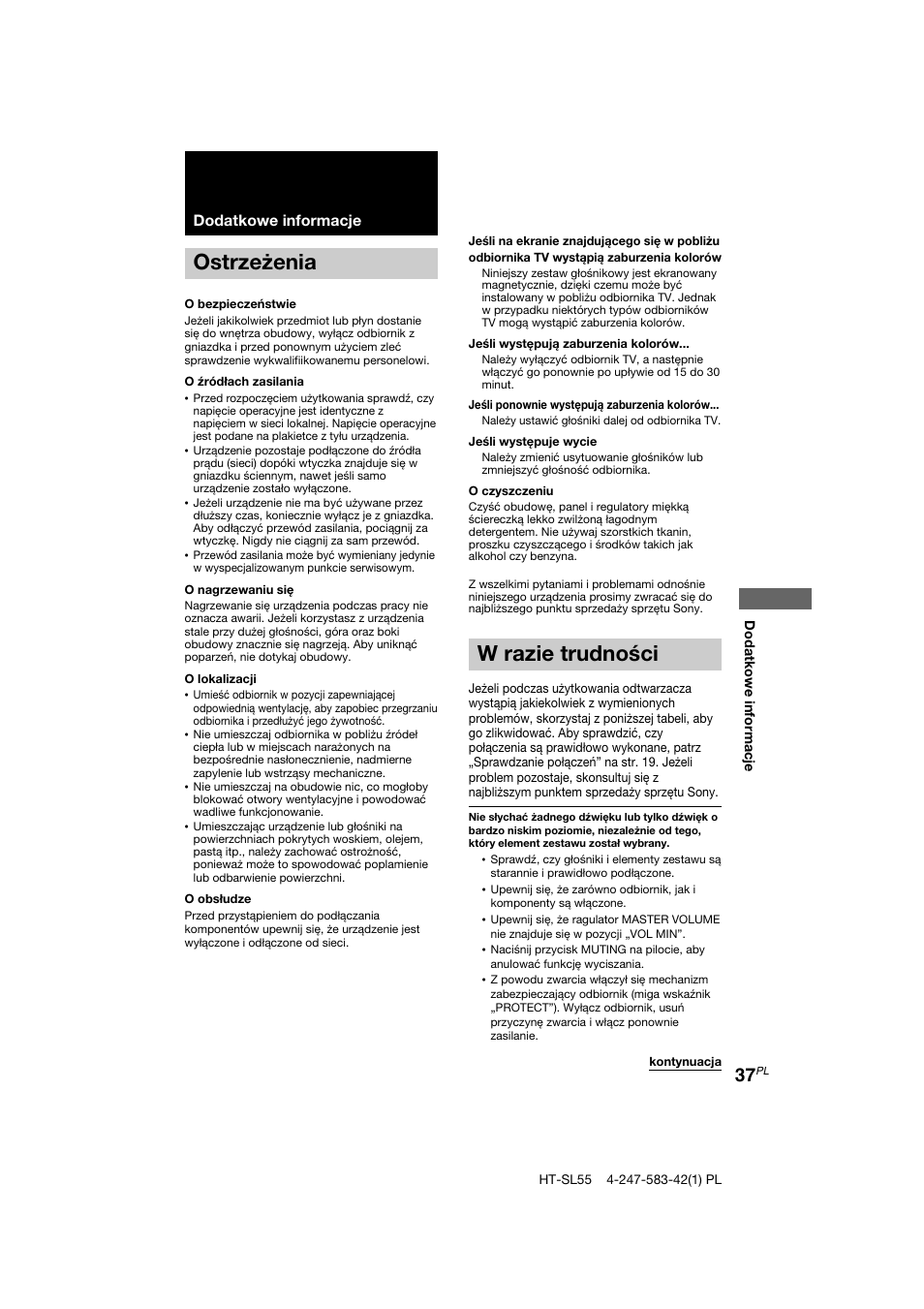 Ostrzeżenia, W razie trudności | Sony HT-SL40 User Manual | Page 209 / 216