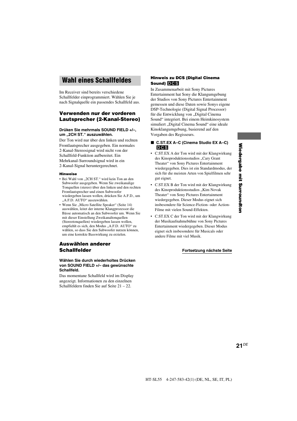 Wahl eines schallfeldes | Sony HT-SL40 User Manual | Page 21 / 216