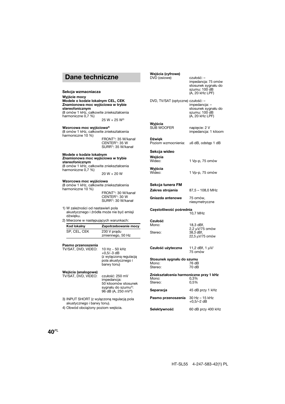 Dane techniczne | Sony HT-SL40 User Manual | Page 212 / 216