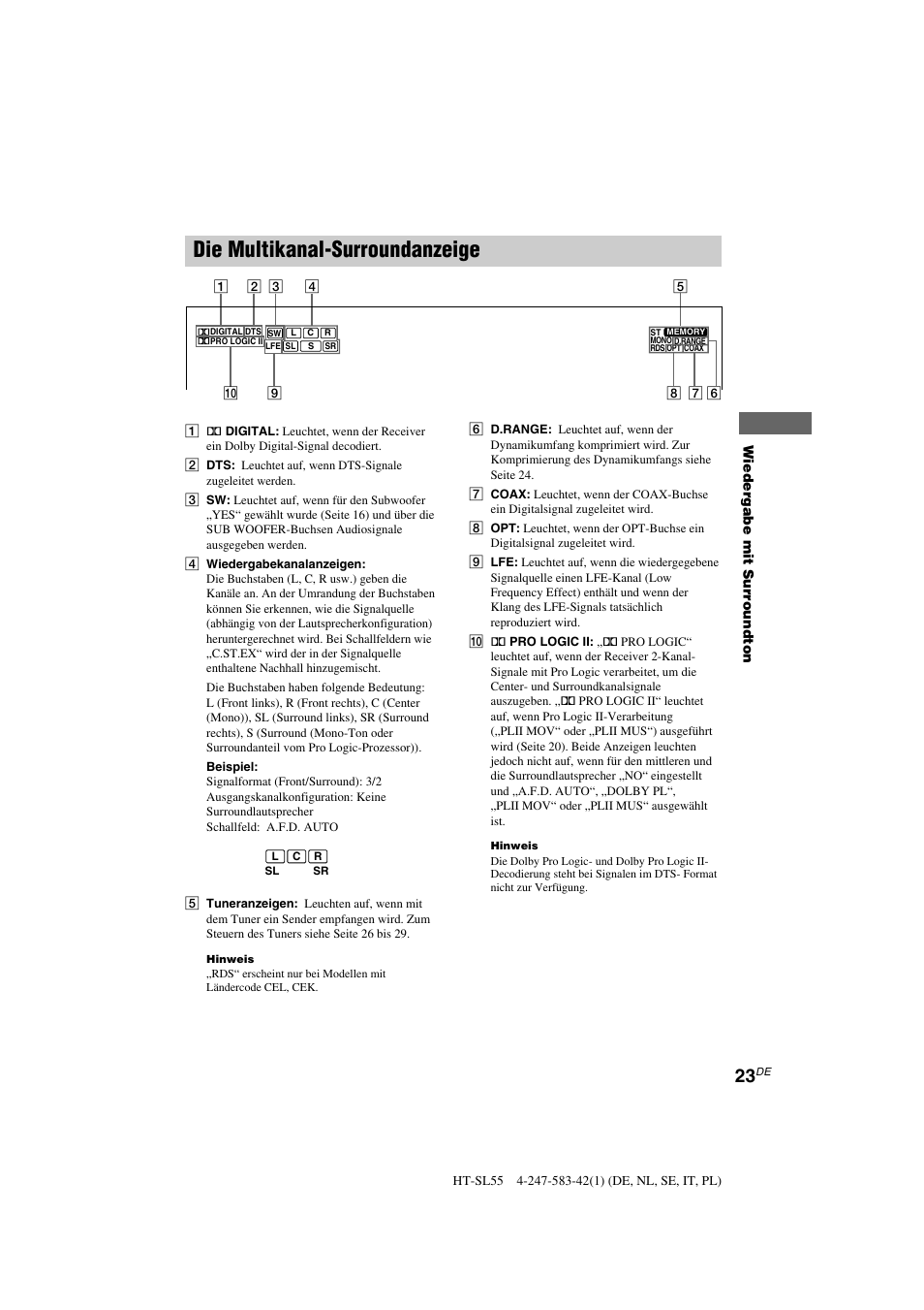 Die multikanal-surroundanzeige | Sony HT-SL40 User Manual | Page 23 / 216