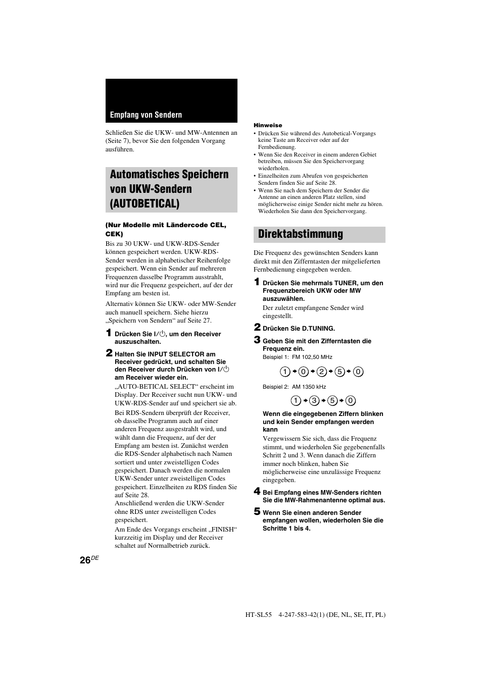 Direktabstimmung | Sony HT-SL40 User Manual | Page 26 / 216