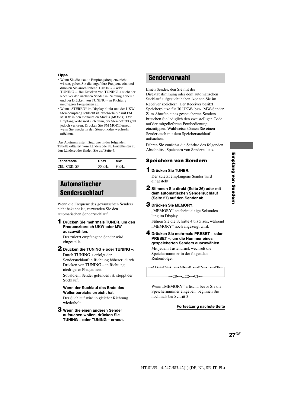 Sendervorwahl, Automatischer sendersuchlauf | Sony HT-SL40 User Manual | Page 27 / 216