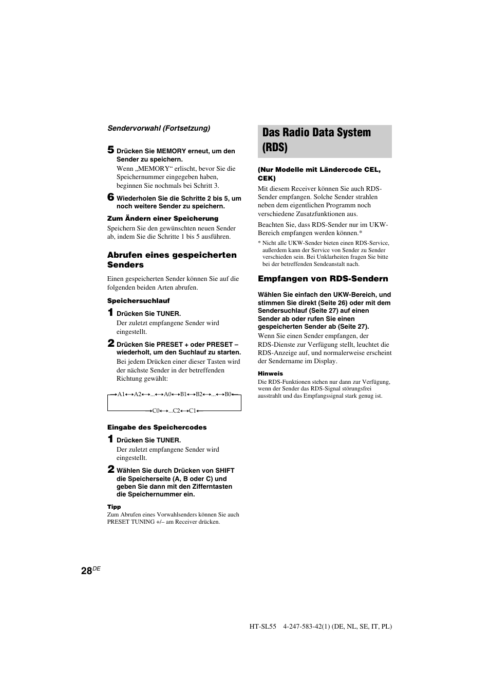 Das radio data system (rds) | Sony HT-SL40 User Manual | Page 28 / 216
