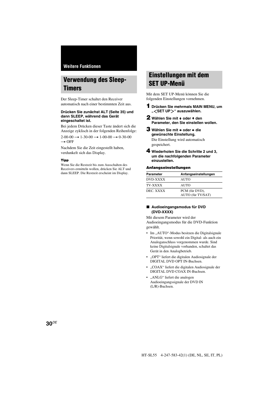 Einstellungen mit dem set up-menü, Verwendung des sleep- timers | Sony HT-SL40 User Manual | Page 30 / 216