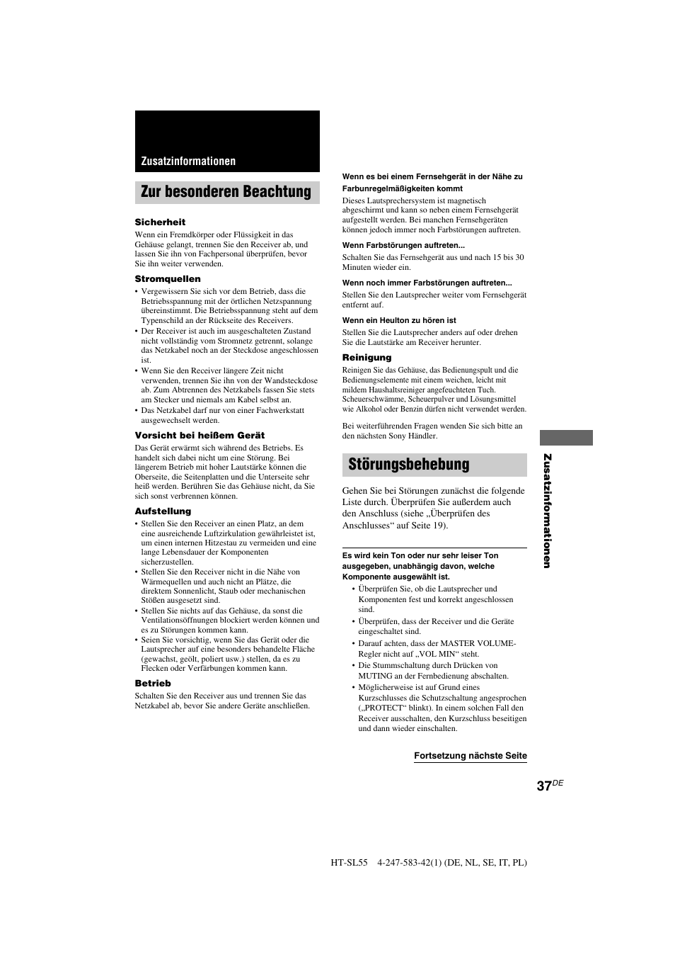 Störungsbehebung, Zur besonderen beachtung, Zusatzinformationen | Sony HT-SL40 User Manual | Page 37 / 216