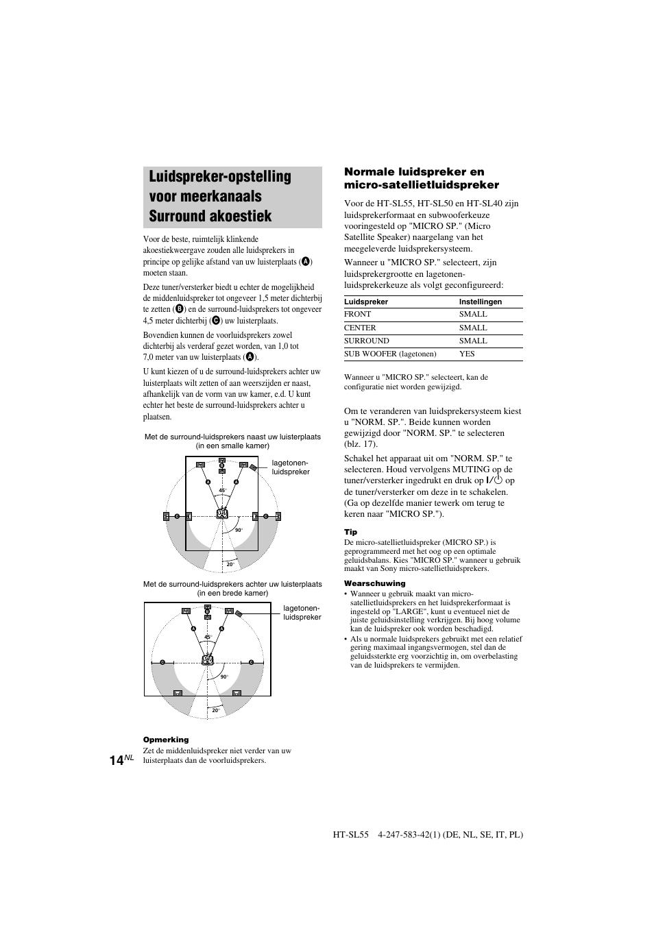 Normale luidspreker en micro-satellietluidspreker | Sony HT-SL40 User Manual | Page 57 / 216