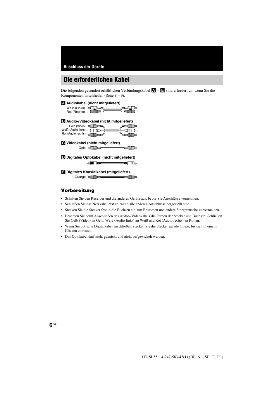 Die erforderlichen kabel | Sony HT-SL40 User Manual | Page 6 / 216