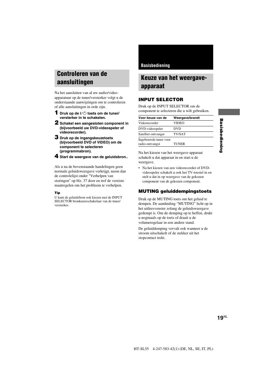 Keuze van het weergave- apparaat, Controleren van de aansluitingen | Sony HT-SL40 User Manual | Page 62 / 216