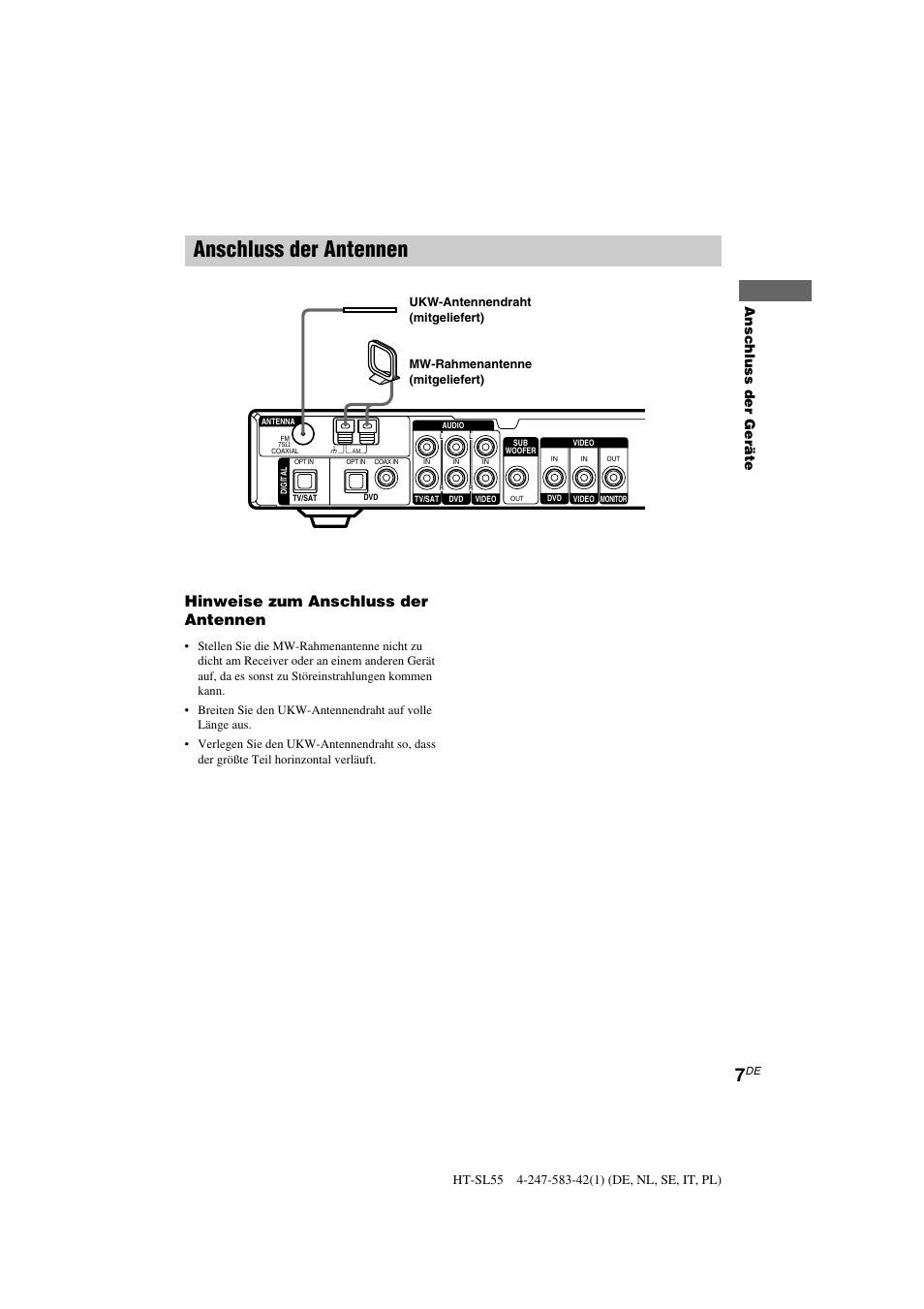 Anschluss der antennen, Hinweise zum anschluss der antennen, Anschluss der ger ä te | Sony HT-SL40 User Manual | Page 7 / 216