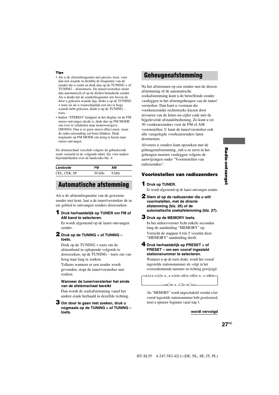 Geheugenafstemming, Automatische afstemming | Sony HT-SL40 User Manual | Page 70 / 216