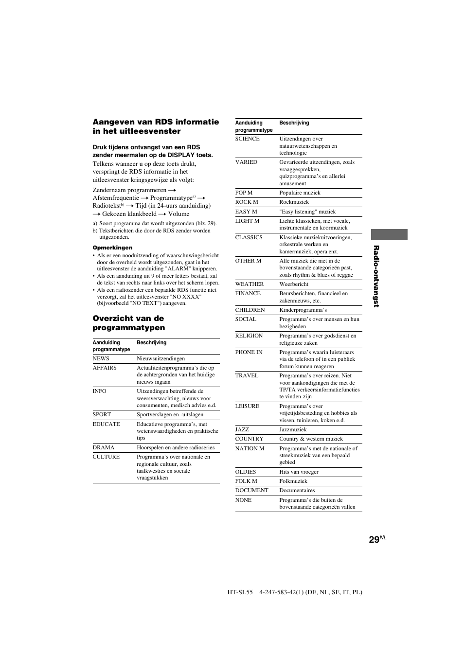 Aangeven van rds informatie in het uitleesvenster, Overzicht van de programmatypen | Sony HT-SL40 User Manual | Page 72 / 216