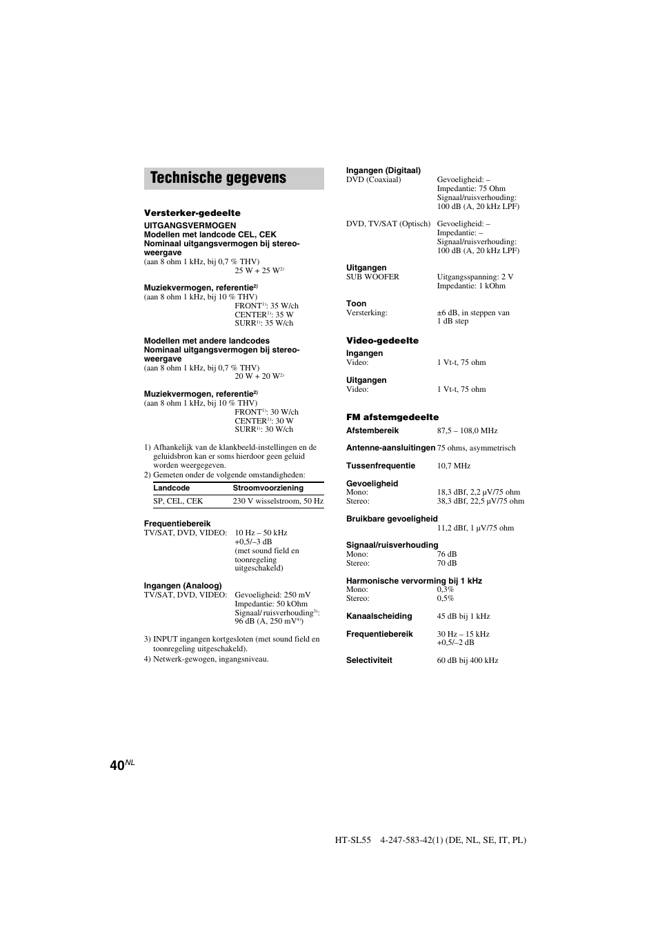Technische gegevens | Sony HT-SL40 User Manual | Page 83 / 216