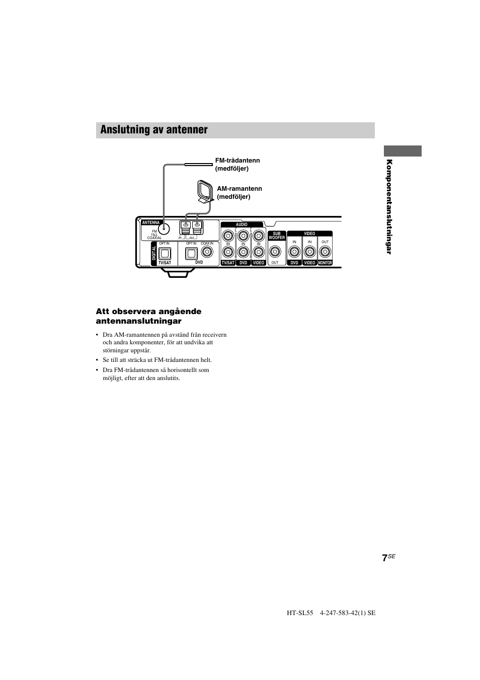 Anslutning av antenner, Att observera angående antennanslutningar, Komponentanslutningar | Sony HT-SL40 User Manual | Page 93 / 216