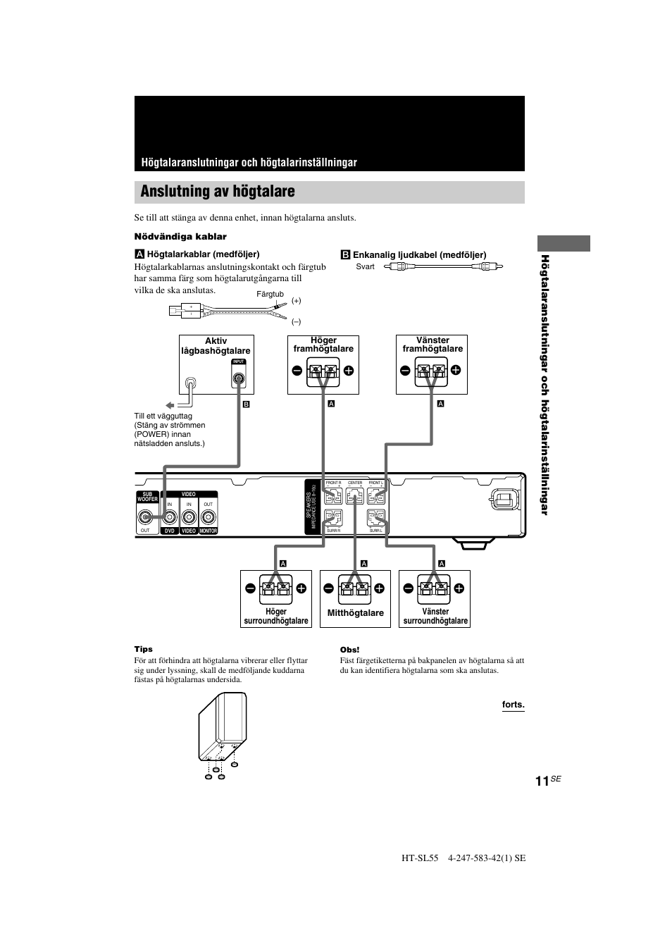 Anslutning av högtalare, Högtalaranslutningar och högtalarinställningar, Ee e e | Sony HT-SL40 User Manual | Page 97 / 216