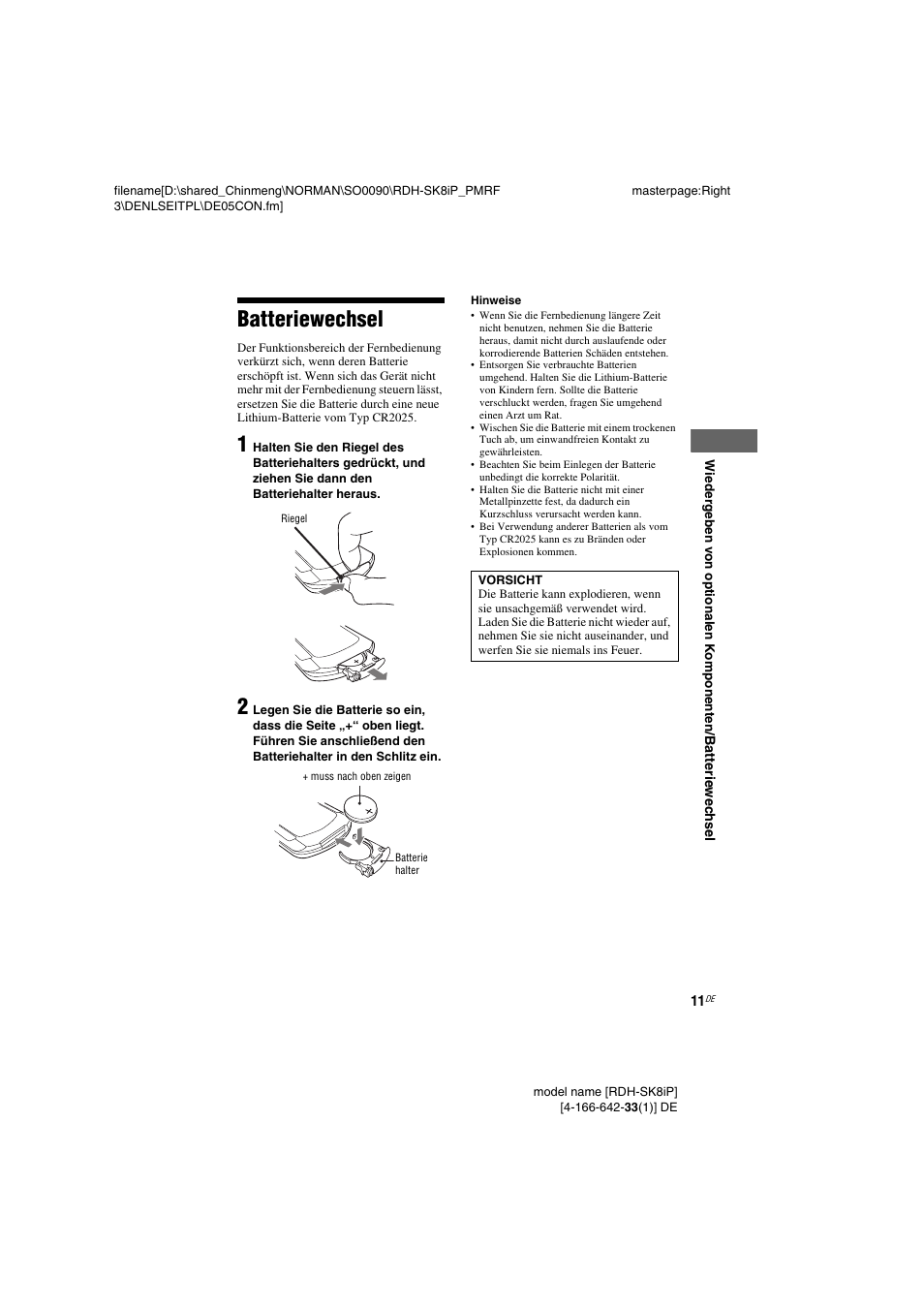 Batteriewechsel | Sony RDH-SK8iP User Manual | Page 11 / 96