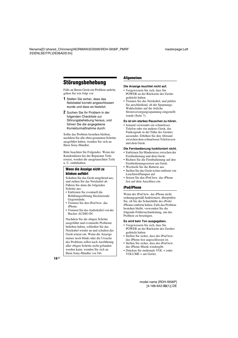 Störungsbehebung | Sony RDH-SK8iP User Manual | Page 14 / 96