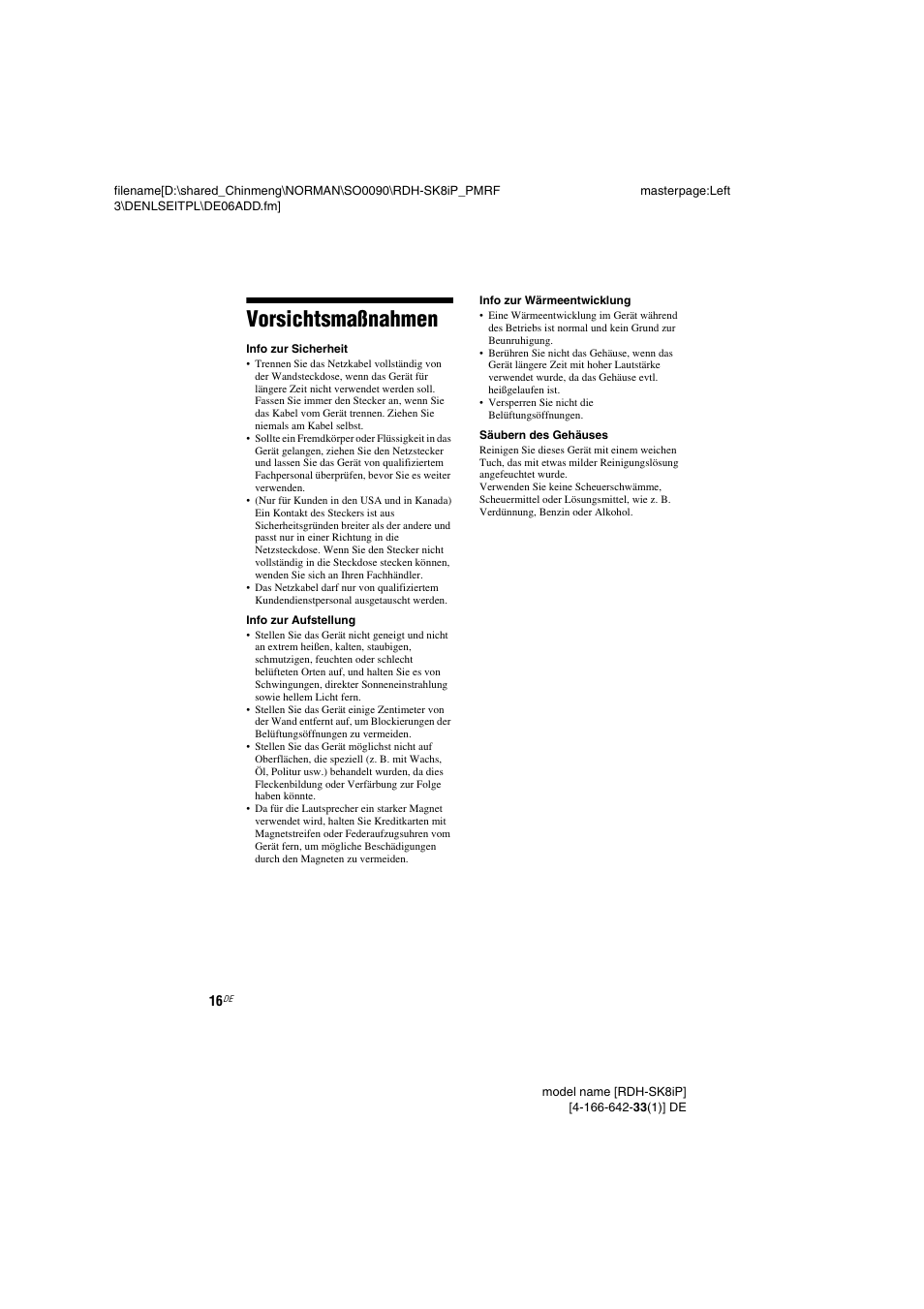 Vorsichtsmaßnahmen | Sony RDH-SK8iP User Manual | Page 16 / 96
