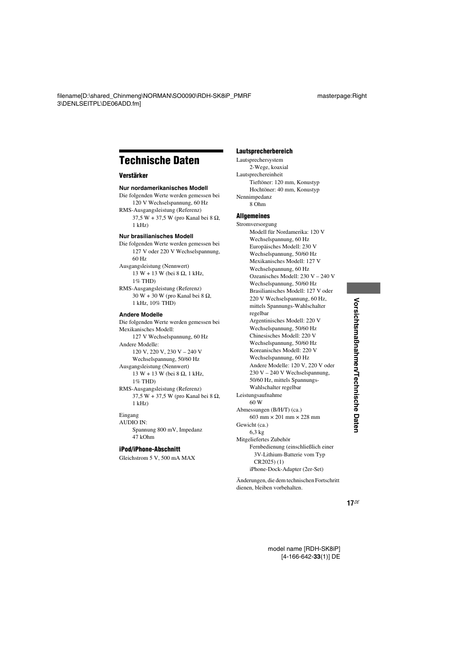 Technische daten | Sony RDH-SK8iP User Manual | Page 17 / 96
