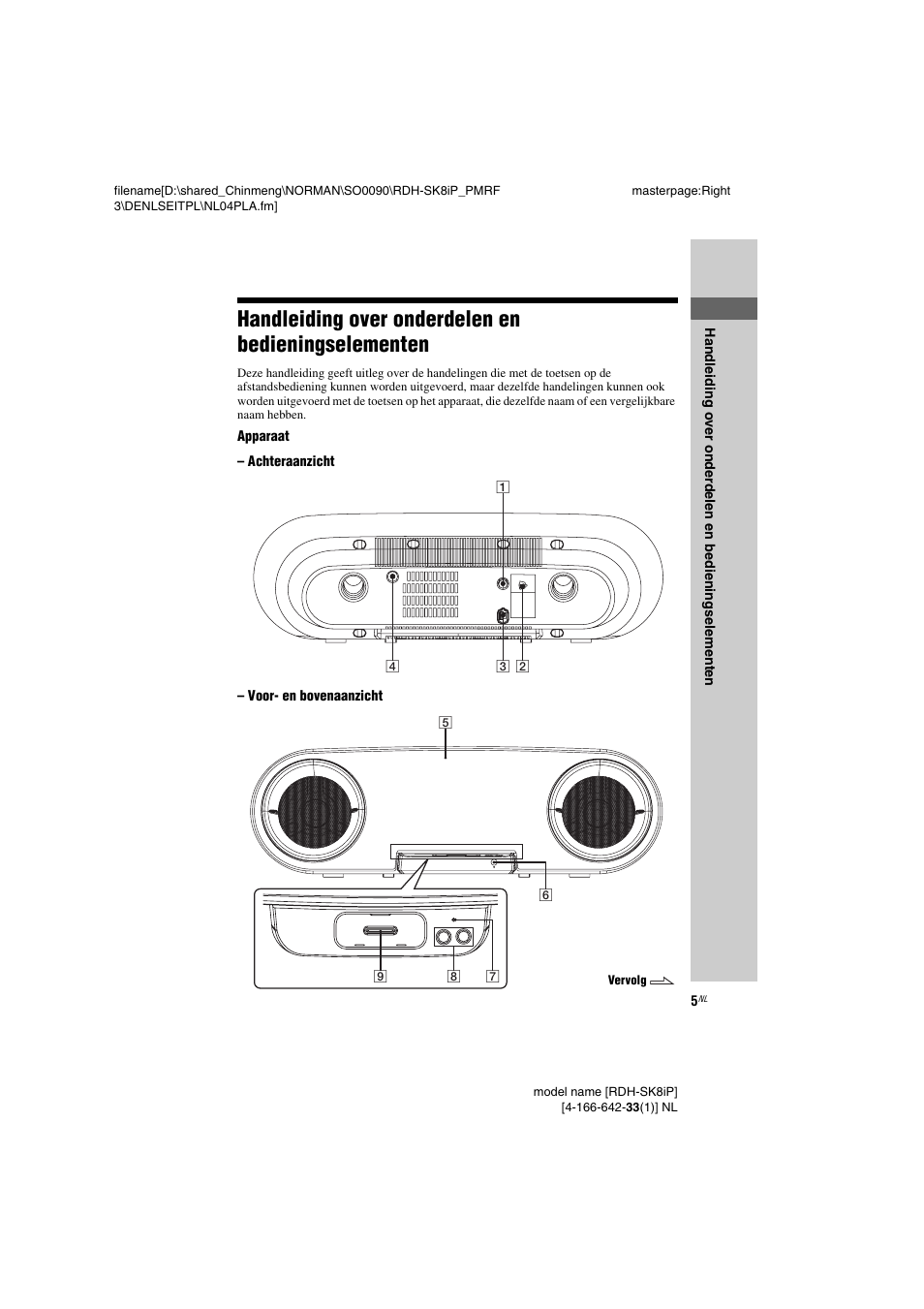 Handleiding over onderdelen en bedieningselementen, Handleiding over onderdelen, En bedieningselementen | Sony RDH-SK8iP User Manual | Page 23 / 96