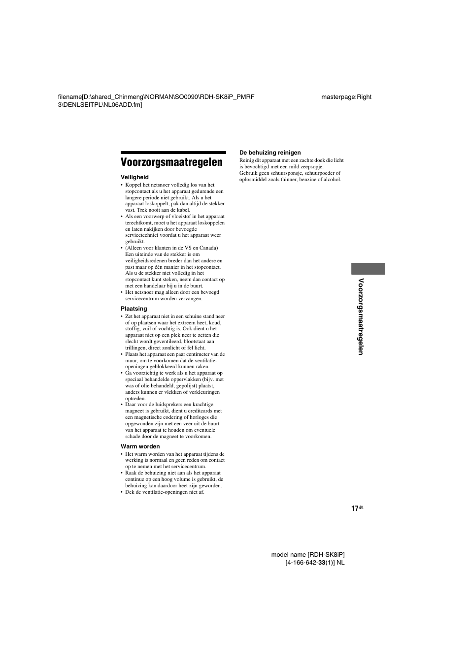 Voorzorgsmaatregelen | Sony RDH-SK8iP User Manual | Page 35 / 96