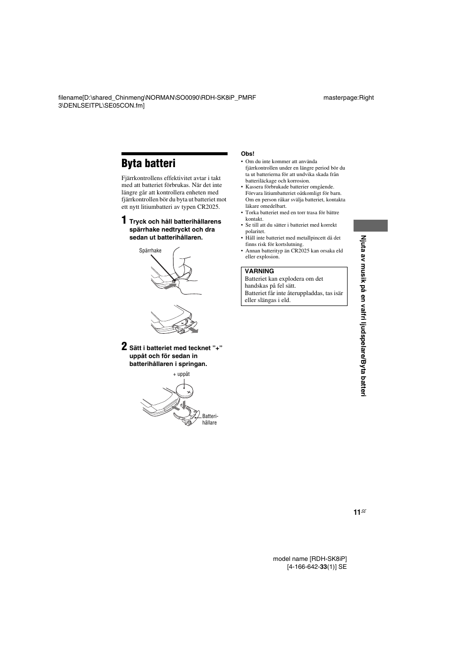 Byta batteri | Sony RDH-SK8iP User Manual | Page 49 / 96