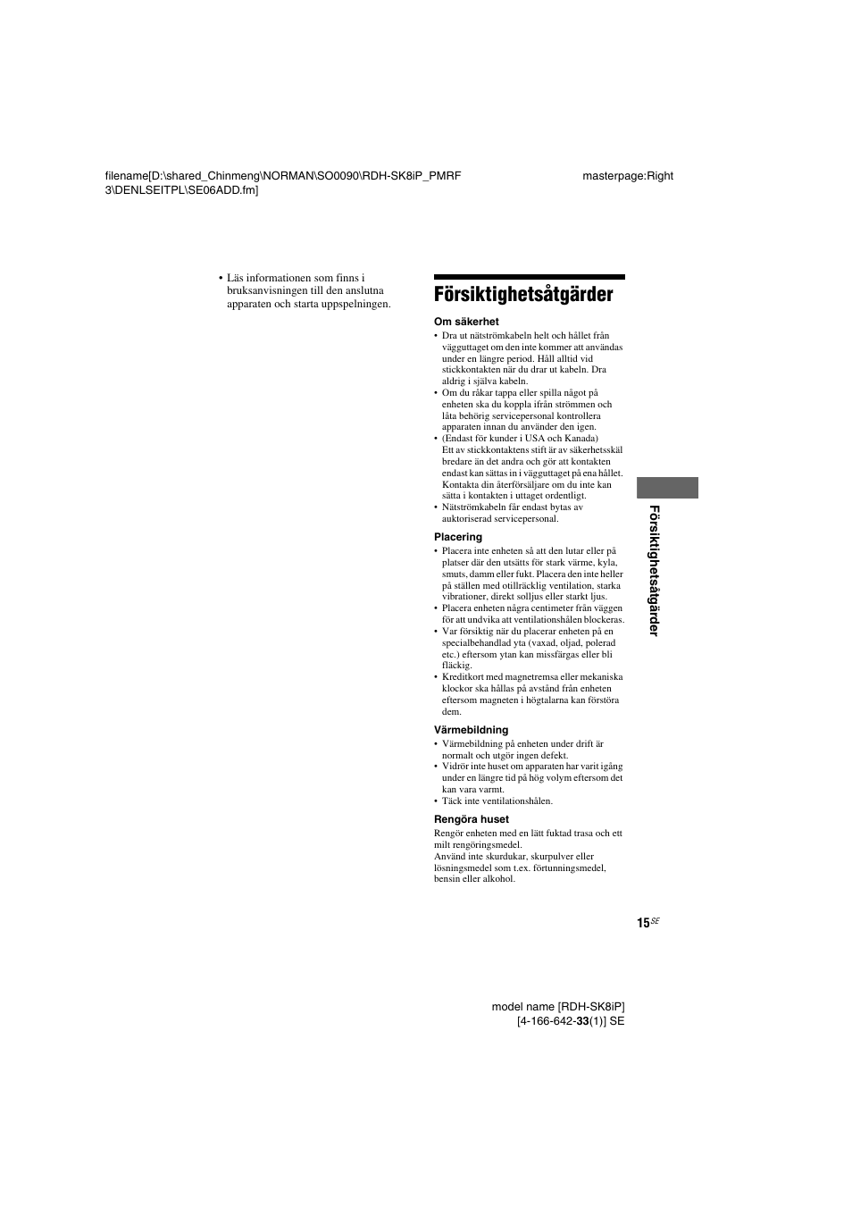 Försiktighetsåtgärder | Sony RDH-SK8iP User Manual | Page 53 / 96