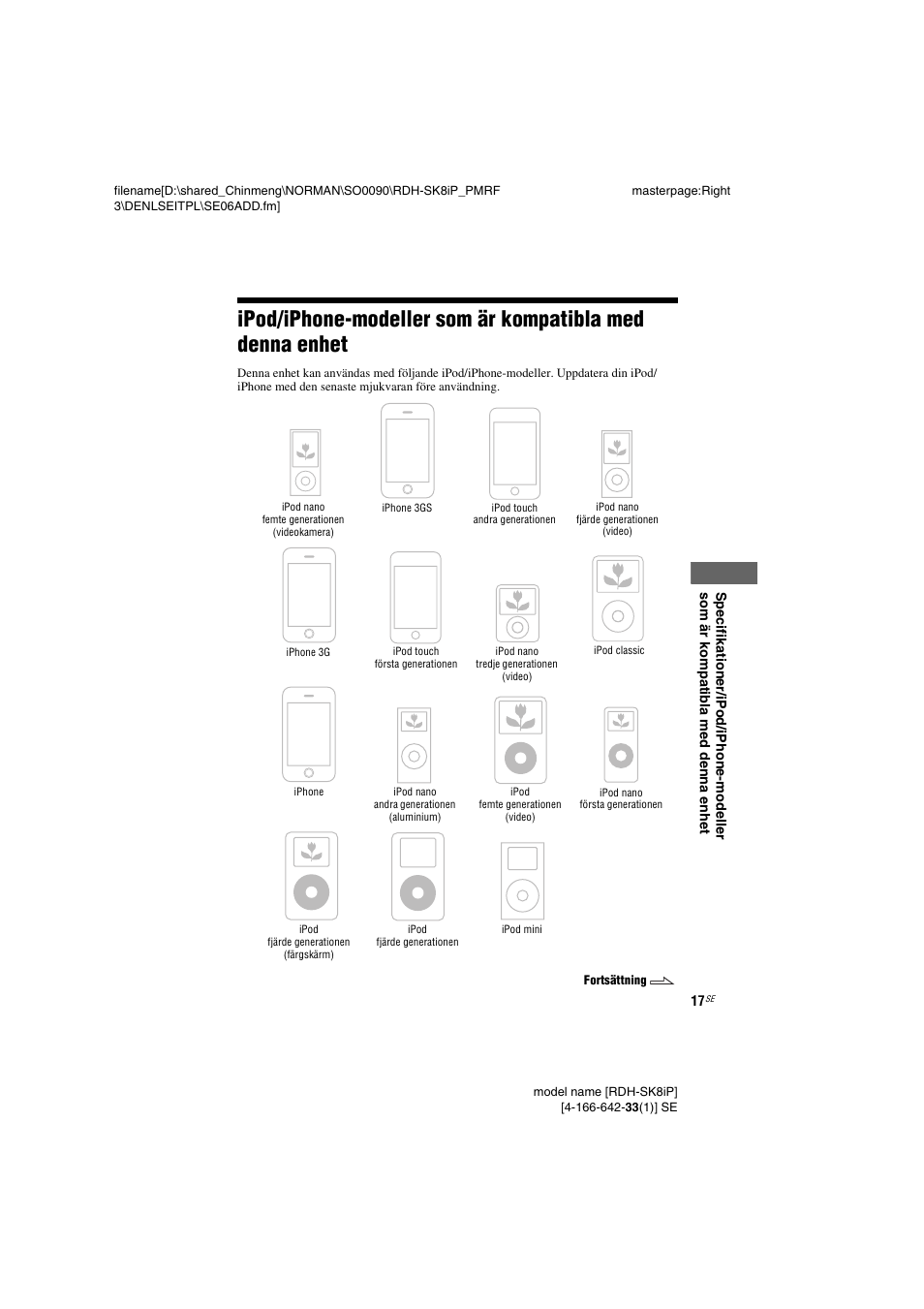 Ipod/iphone-modeller som är, Kompatibla med denna enhet | Sony RDH-SK8iP User Manual | Page 55 / 96